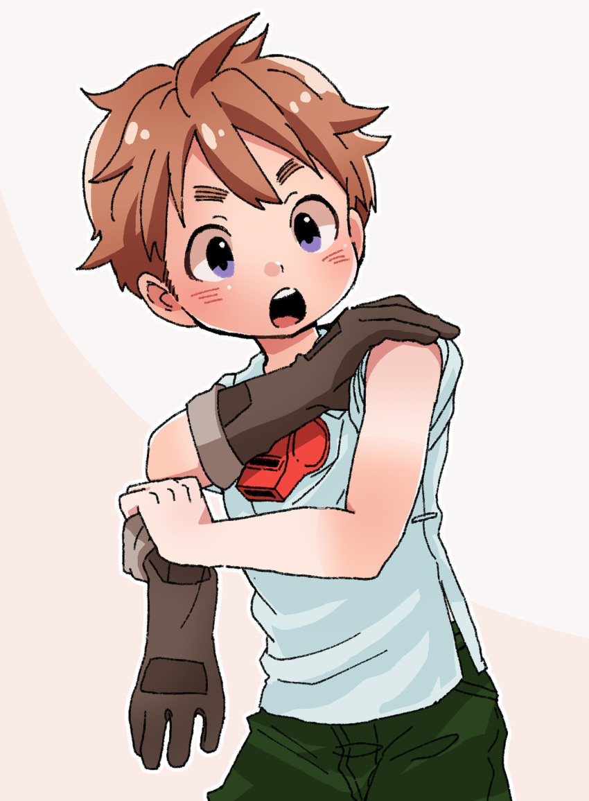 :o blue_shirt blush brown_gloves commentary_request cowboy_shot gloves gloves_removed green_shorts grey_background highres made_in_abyss male_focus natt_(made_in_abyss) open_mouth orange_hair purple_eyes shirt shorts single_glove solo usuki_(usukine1go) whistle whistle_around_neck