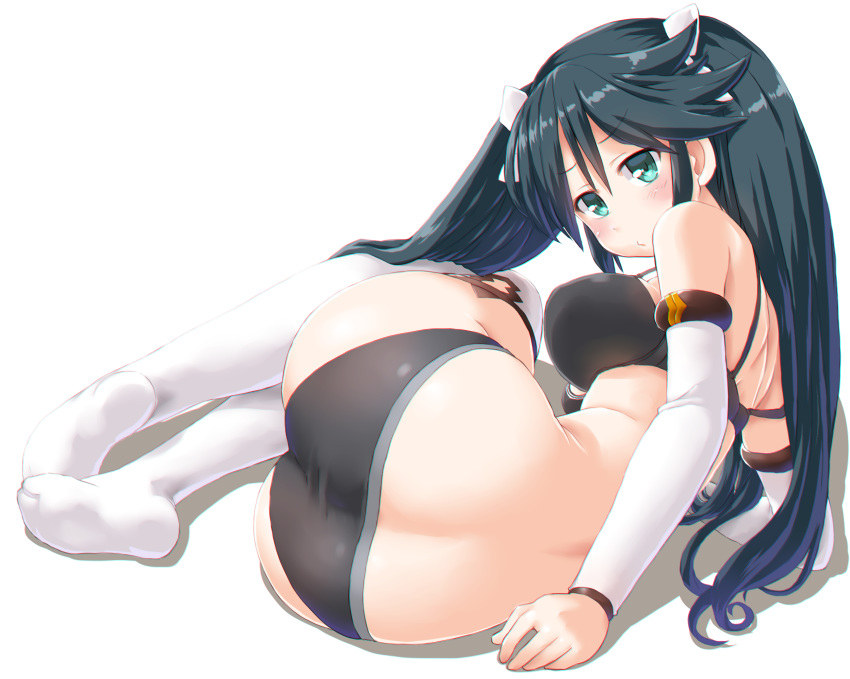 aqua_eyes ass black_bra black_hair black_panties blush bra breasts commentary_request dd_(ijigendd) detached_sleeves eyebrows_visible_through_hair from_behind hair_ribbon highres isuzu_(kantai_collection) kantai_collection large_breasts long_hair looking_at_viewer looking_back lying no_shoes on_side panties pout ribbon simple_background solo thighhighs twintails underwear underwear_only very_long_hair white_background white_legwear