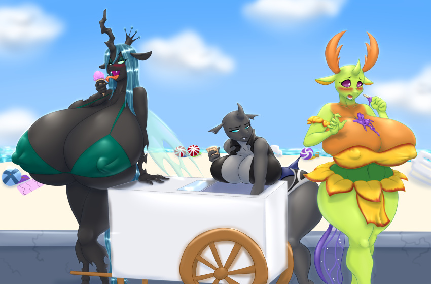 2018 anthro big_breasts bikini blues64 breasts changeling clothing crossgender dessert digital_media_(artwork) fangs female food friendship_is_magic group hair hi_res holding_food holding_object horn huge_breasts hyper hyper_breasts ice_cream long_hair marauder6272 my_little_pony nipple_bulge open_mouth queen_chrysalis_(mlp) swimsuit thorax_(mlp) tongue tongue_out wings