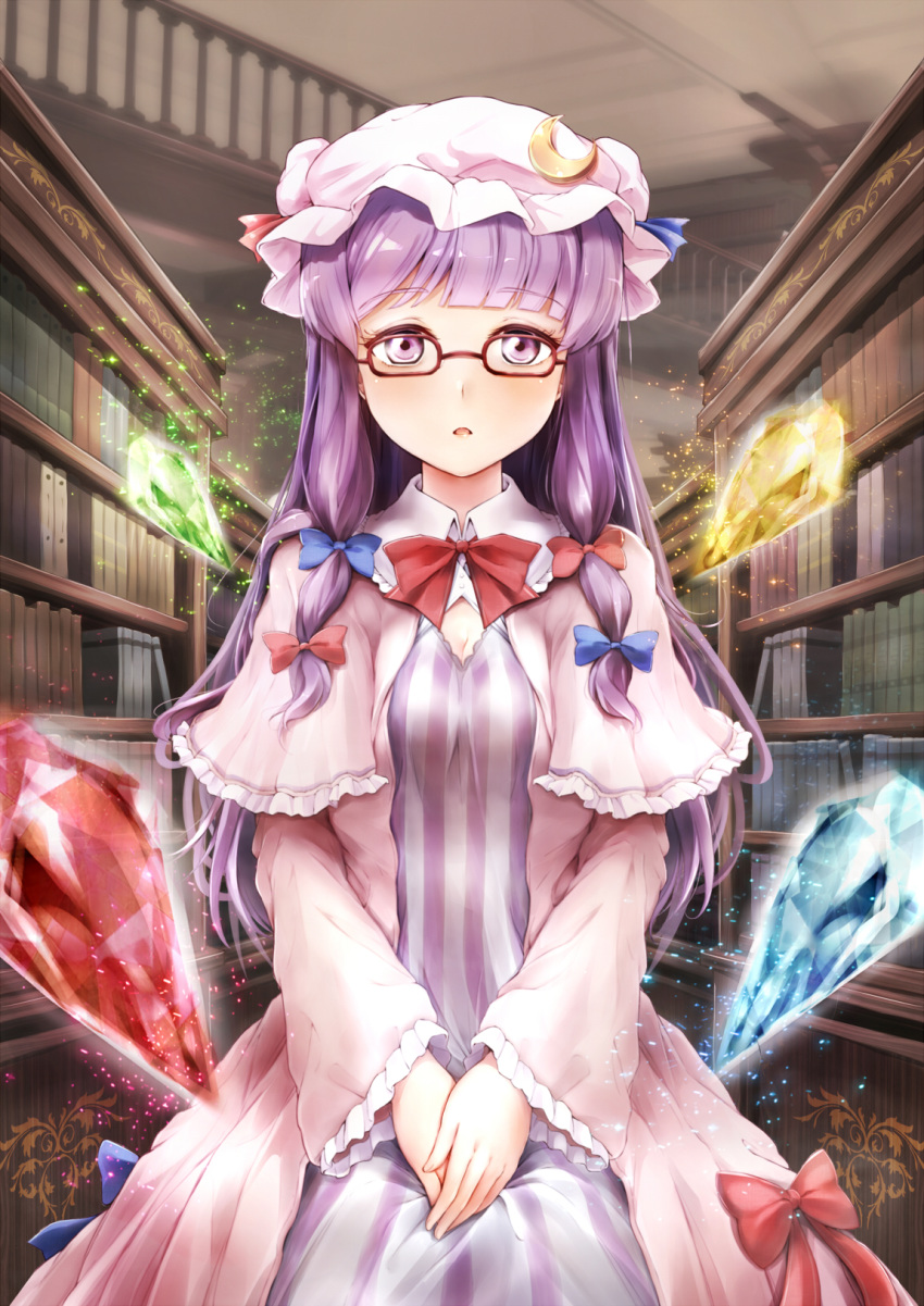 bangs blunt_bangs bookshelf breasts ceiling cleavage crescent crescent_moon_pin crystal double_bun dress eyebrows_visible_through_hair eyelashes glasses hair_ribbon handrail hands_on_lap hands_together hat hat_ribbon highres library light_particles long_hair long_sleeves looking_at_viewer mob_cap open_clothes open_mouth open_robe parted_lips patchouli_knowledge purple_eyes purple_hair red-framed_eyewear red_neckwear red_ribbon ribbon rin_(ashleyy) robe sidelocks sitting solo striped striped_dress thick_eyebrows touhou tress_ribbon