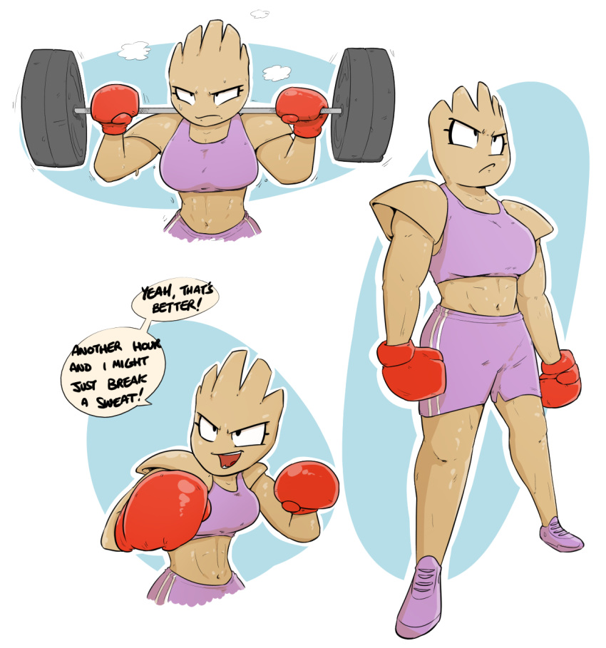 2018 abs athletic boxing_gloves bra breasts brown_skin clothed clothing crouching determined dialogue digital_media_(artwork) english_text exercise eyelashes female frown half_portrait hi_res hitmonchan humanoid midriff muscular muscular_female navel nintendo noseless not_furry open_mouth pok&eacute;mon pok&eacute;mon_(species) pok&eacute;morph portrait pose purple_clothing shorts shoutingisfun simple_background solo sports_bra standing sweat text underwear video_games weightlifting weights white_background workout