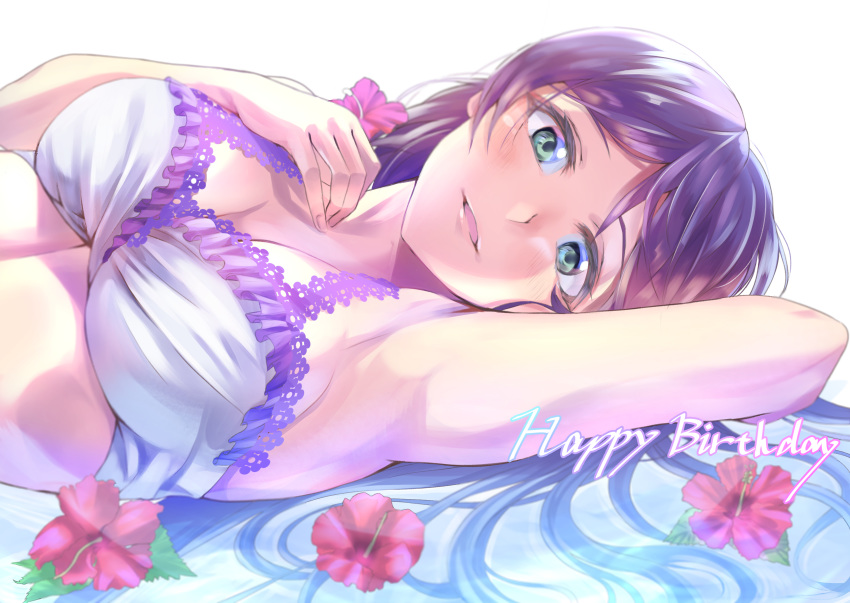 absurdres arm_up armpits bikini breasts cleavage commentary_request flower frilled_bikini frills green_eyes hair_flower hair_ornament hand_on_own_chest happy_birthday highres lace lace-trimmed_bikini long_hair looking_at_viewer love_live! love_live!_school_idol_festival love_live!_school_idol_project lying medium_breasts on_back parted_lips purple_hair shaka_(staito0515) solo swimsuit toujou_nozomi