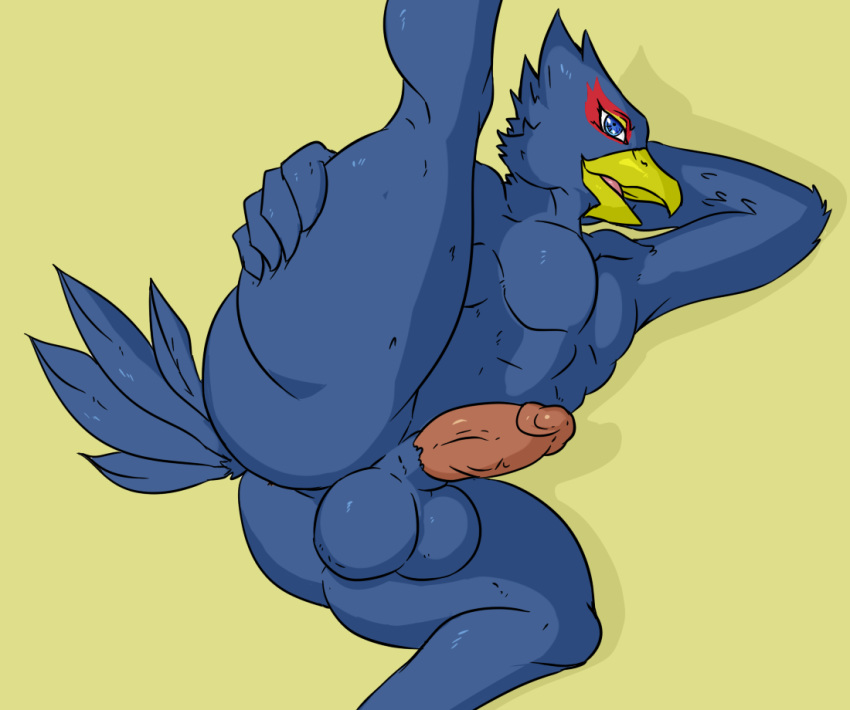 a-side anthro avian balls butt falco_lombardi male muscular nintendo nude penis solo star_fox video_games