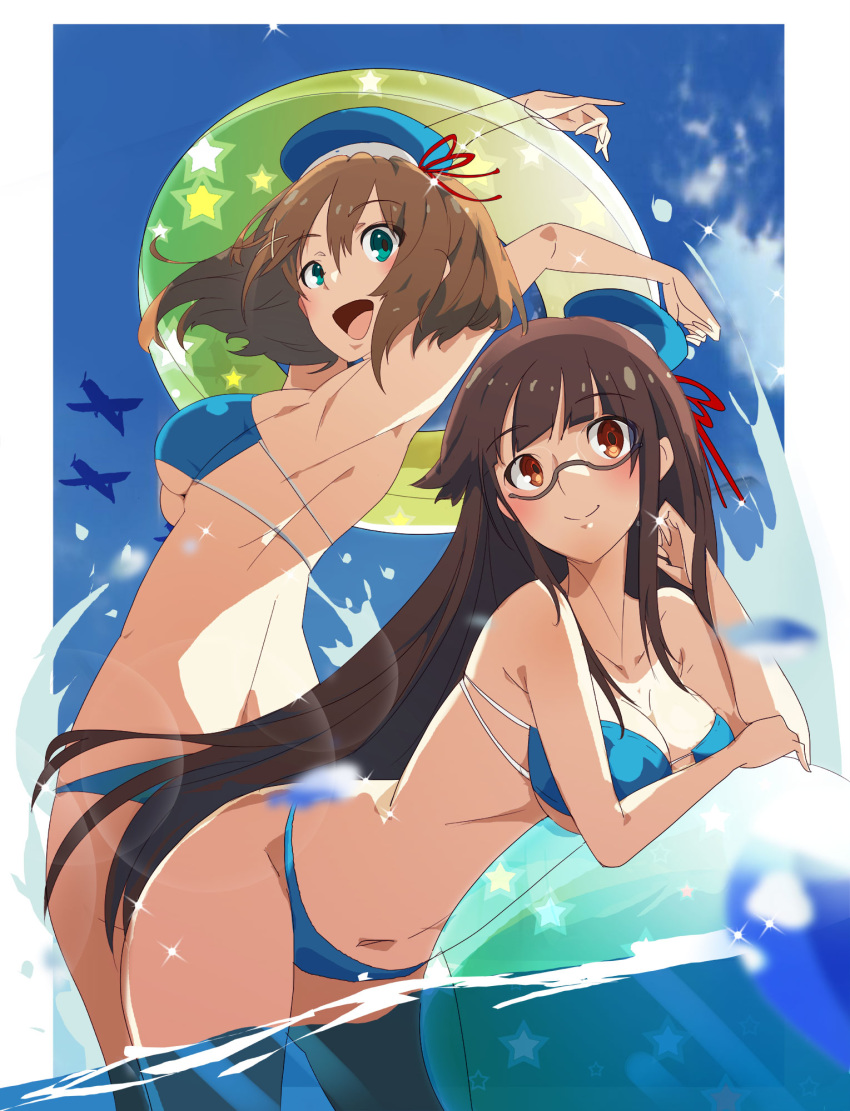 :d aircraft airplane alternate_costume arms_up ass ball bangs beachball bent_over bikini black_hair blue_bikini blue_eyes blue_sky blush breasts brown_hair choukai_(kantai_collection) cleavage cloud collarbone commentary_request day eyebrows_visible_through_hair glasses hair_ornament hat highres kantai_collection large_breasts long_hair looking_at_viewer maya_(kantai_collection) meriken0111 multi-strapped_bikini multiple_girls navel open_mouth outdoors red_eyes remodel_(kantai_collection) rimless_eyewear short_hair sidelocks sky smile sparkle standing stomach swimsuit thighs underboob wading x_hair_ornament