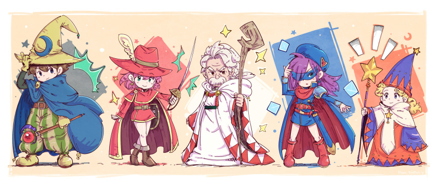 3girls alternate_costume belt beret black_mage blonde_hair blue_mage boots brown_hair butz_klauser cape chibi cloak commentary_request facial_hair faris_scherwiz final_fantasy final_fantasy_v galuf_halm_baldesion grey_hair hair_over_one_eye hat hat_feather highres hood krile_mayer_baldesion lenna_charlotte_tycoon looking_at_viewer mask multiple_boys multiple_girls mustache pants pink_hair pose purple_hair rapier red_mage rod sage_(final_fantasy) scabbard serious sheath short_hair shouta_(shbz) smile staff striped striped_pants sword weapon white_mage wizard_hat