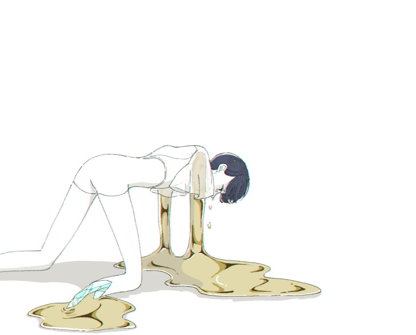 androgynous bangs blue_eyes blue_hair blunt_bangs broken commentary_request crying crying_with_eyes_open dark_blue_hair gem gold golden_arms houseki_no_kuni kneeling melting missing_limb phosphophyllite phosphophyllite_(ll) sad see-through shiro_(kuro_guu) short_hair solo spoilers tears white_background