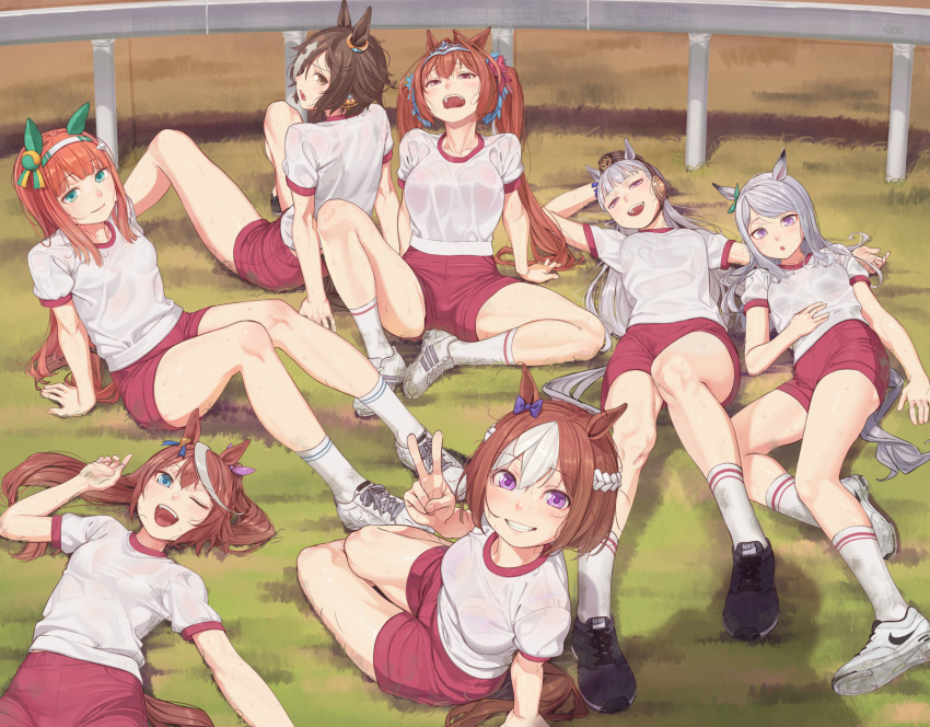 animal_ears bra daiwa_scarlet gold_ship gym_uniform mejiro_mcqueen see_through silence_suzuka special_week tail toukai_teio uma_musume_pretty_derby vodka_(uma_musume_pretty_derby) wet_clothes yunamul