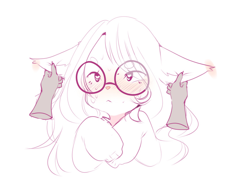 &lt;3 &lt;3_eyes 2018 blush clothing disembodied_hand ear_rub eyewear female fredek666 glasses hair hoodie long_hair marie round_rim_glasses shy simple_background sketch solo_focus sweat white_background