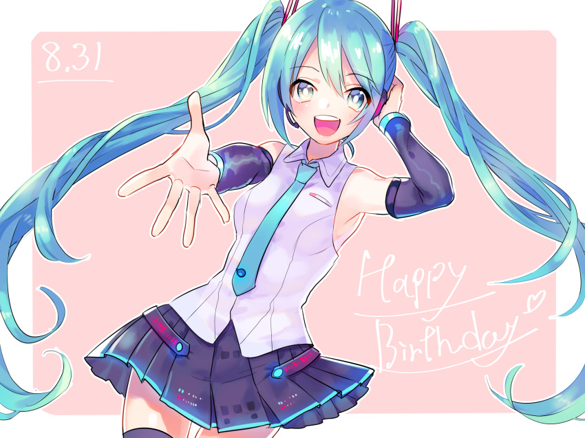 :d armpits bangs black_legwear black_skirt blue_eyes blue_hair blue_neckwear breasts cowboy_shot detached_sleeves eyebrows_visible_through_hair floating_hair hair_between_eyes happy_birthday hatsune_miku headset highres long_hair looking_at_viewer microphone miniskirt necktie open_mouth pleated_skirt shirt skirt sleeveless sleeveless_shirt small_breasts smile solo standing thighhighs toyosaka twintails very_long_hair vocaloid white_shirt zettai_ryouiki