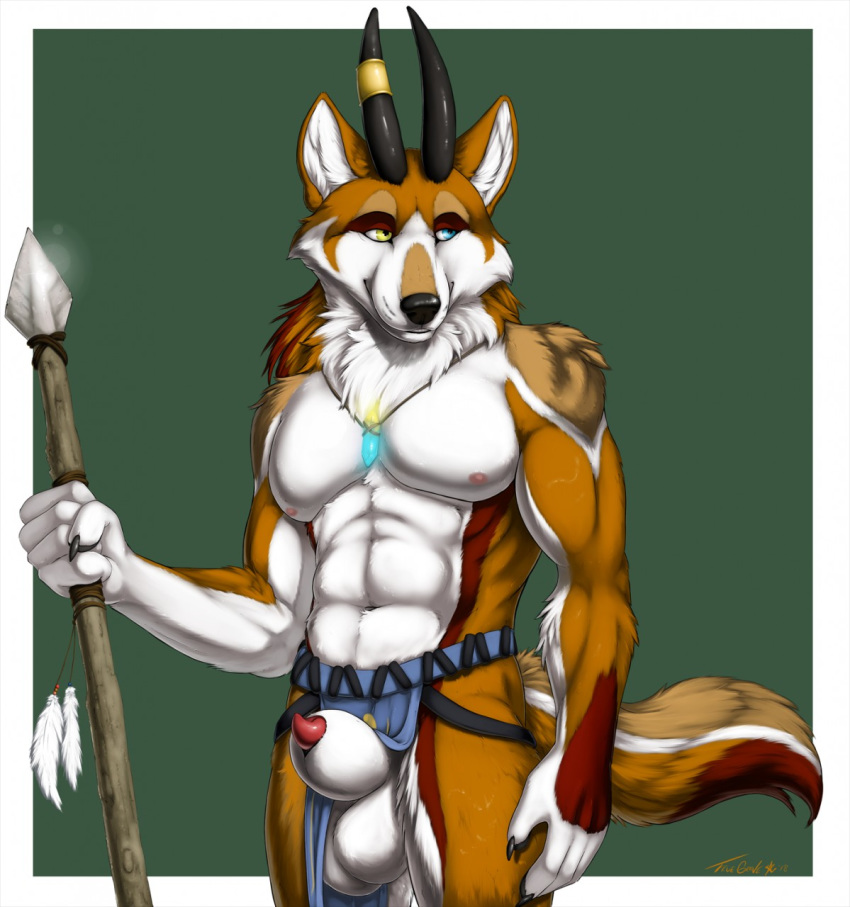 2018 5_fingers abs animal_genitalia animal_penis anthro athletic balls biceps black_nose blue_eyes canine canine_penis clothed clothing fingerpads fully_sheathed fur green_background heterochromia holding_object holding_weapon horn hybrid jewelry loincloth loincloth_aside looking_aside male mammal markings melee_weapon mostly_nude multicolored_fur muscular muscular_male neck_tuft necklace nipples nude penis penis_tip polearm red_fur red_penis sheath simple_background smile solo spear standing tan_fur topless tribal truegrave9 tuft weapon white_fur wolf yellow_eyes yellow_fur