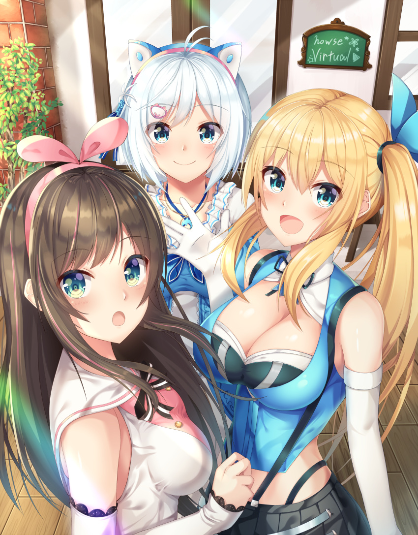 :d :o a.i._channel absurdres amagi_korona blonde_hair blue_eyes blush breasts brown_hair cleavage closed_mouth commentary_request dennou_shoujo_youtuber_shiro detached_collar elbow_gloves gloves hair_ornament highres kizuna_ai large_breasts long_hair looking_at_viewer medium_breasts mirai_akari mirai_akari_project multiple_girls open_mouth outdoors pink_hair ponytail shiny shiny_hair shiny_skin shiro_(dennou_shoujo_youtuber_shiro) shirt side_ponytail silver_hair skirt smile upper_body virtual_youtuber