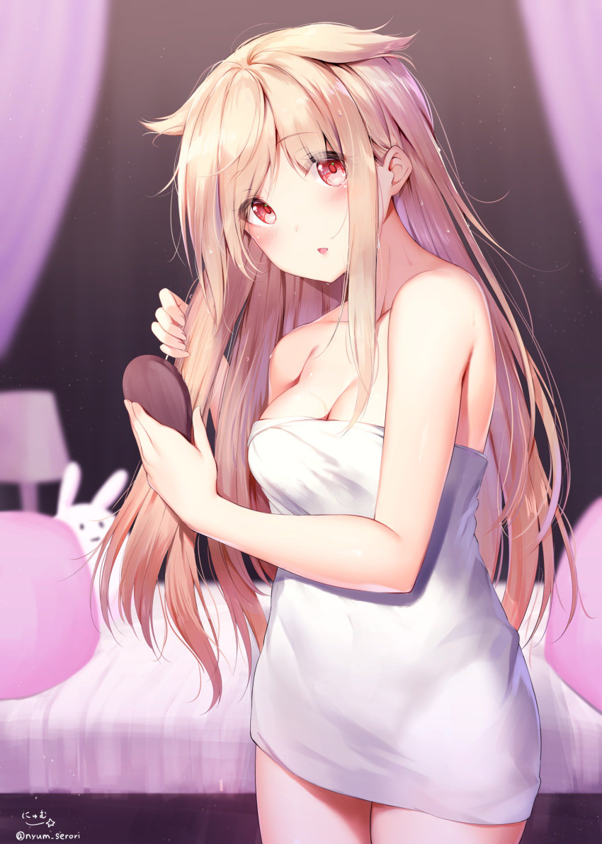:o absurdres bangs bare_arms bare_shoulders bed blonde_hair blush breasts cleavage collarbone commentary_request eyebrows_visible_through_hair hair_brushing hair_flaps head_tilt highres holding holding_brush holding_hair indoors kantai_collection light_particles long_hair looking_at_viewer medium_breasts naked_towel nyum open_mouth pillow red_eyes remodel_(kantai_collection) sidelocks signature solo stuffed_animal stuffed_bunny stuffed_toy thighs towel twitter_username water_drop wet wet_hair yuudachi_(kantai_collection)