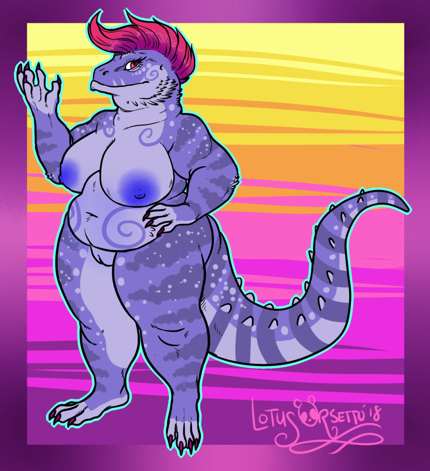 anthro bearded_dragon belly big_breasts biped breasts female hair lizard lotusaur nipples non-mammal_breasts nude overweight overweight_female pink_hair reptile scalie solo thick_thighs
