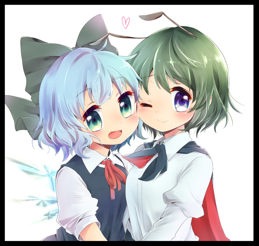 antennae aqua_eyes black_border blue_eyes blue_hair blush border bow cape cheek-to-cheek cirno dress_shirt fang green_hair hair_bow heart kuromame_(8gou) multiple_girls one_eye_closed open_mouth shirt short_hair skirt skirt_set smile touhou upper_body wings wriggle_nightbug