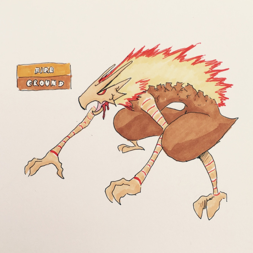 2017 3_fingers 3_toes all_fours alternate_color alternate_species ambiguous_gender anthro avian beak biped blaziken blood brown_feathers claws crouching english_text fak&eacute;mon feathers fire firefightdex full-length_portrait hatching_(technique) leaning marker_(artwork) mfanjul mixed_media monster nintendo nude open_beak open_mouth orange_beak pen_(artwork) pok&eacute;mon pok&eacute;mon_(species) portrait red_sclera shadow side_view simple_background solo standing text toe_claws toes toony traditional_media_(artwork) video_games white_background yellow_eyes