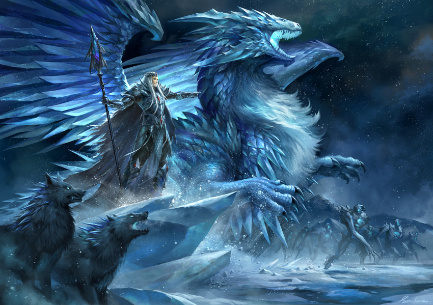 2018 black_fur canine claws detailed_background digital_media_(artwork) dragon elemental_dragon fur group holding_object holding_weapon ice_dragon mammal open_mouth sandara sky staff star starry_sky teeth weapon wolf