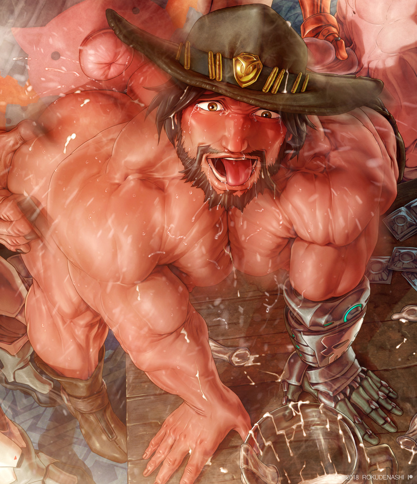 4boys abs anal bara beard boots brown_hair condom cowboy cum facial_hair genji_(overwatch) group_sex hat junkrat_(overwatch) male_focus masturbation mccree_(overwatch) multiple_boys muscle nude overwatch pecs penetration pov roadhog_(overwatch) rokudenashi sex size_difference solo_focus sweat table tattoo tears thrusting tongue tongue_out uncensored wince yaoi