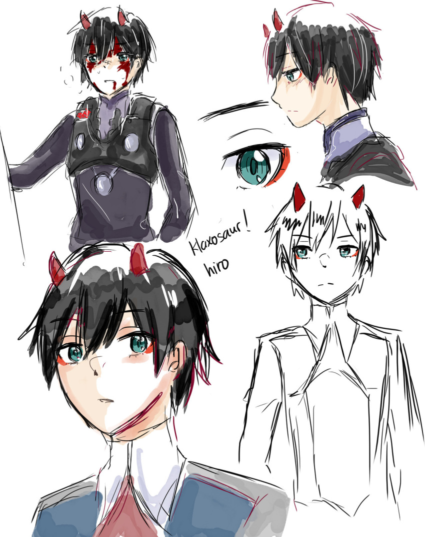 1boy _eyes bangs black_bodysuit black_hair blood blood_from_mouth blood_on_face bodysuit darling_in_the_franxx expressions eyebrows_visible_through_hair green_eyes hiro_(darling_in_the_franxx) horns klaxomaru looking_at_viewer male_focus military military_uniform necktie oni_horns pilot_suit red_horns red_neckwear short_hair solo uniform