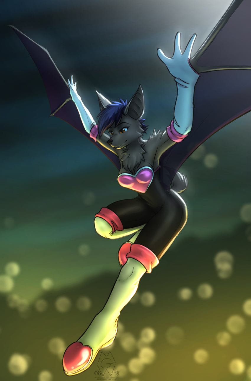 2018 anthro bat bat_wings black_fur black_nose blue_hair breasts brown_nose clothed clothing cosplay female fruit_bat fur gloves hair mammal membranous_wings mykegreywolf neck_tuft rouge_the_bat solo sonic_(series) tuft wings