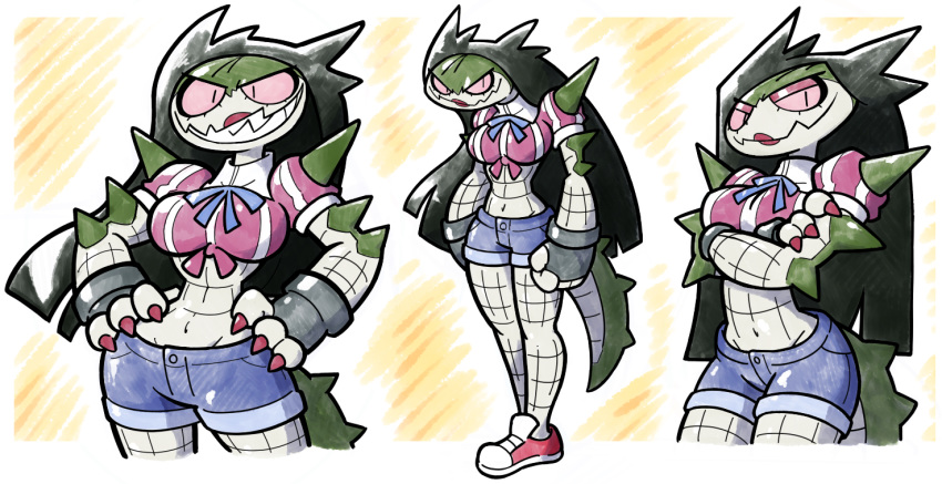 anthro black_hair clothing crocodile crocodilian dilys_(scalie_schoolie) female hair lipstick looking_at_viewer makeup reptile scalie scalie_schoolie shenanimation shorts solo webcomic wide_hips