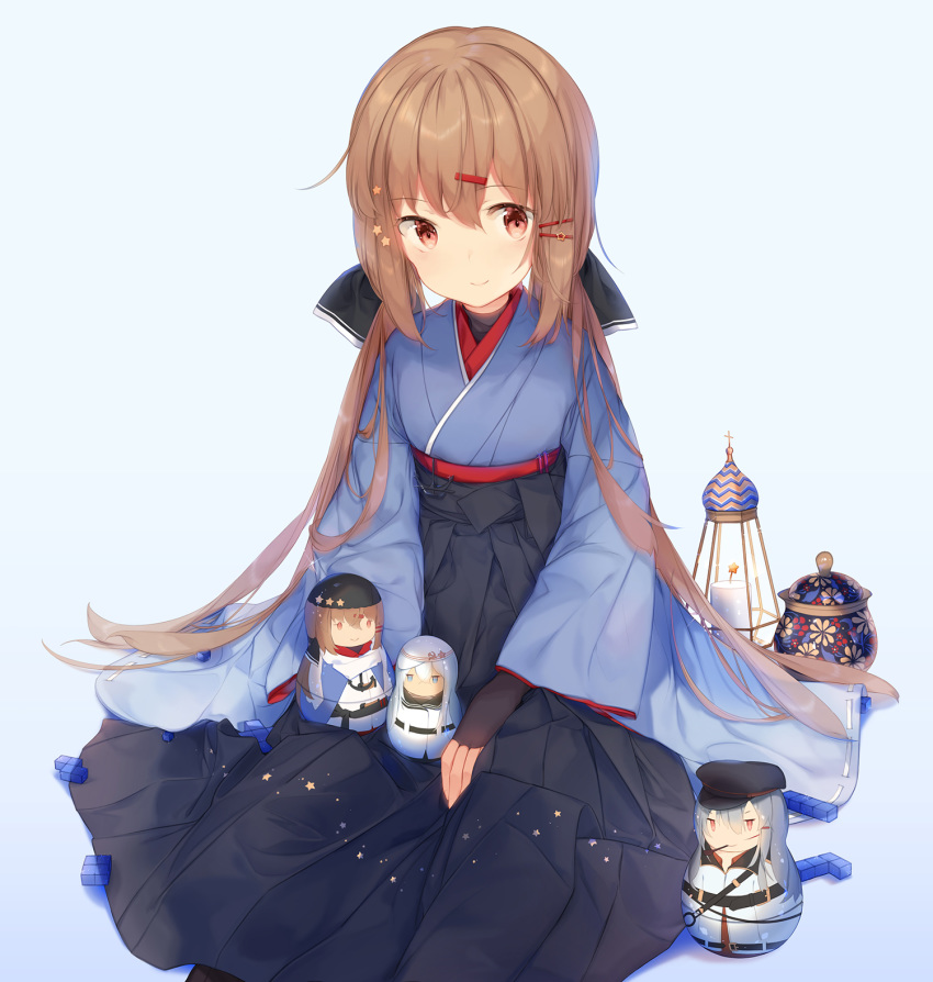 alternate_costume anchor_symbol black_bow blush bow brown_eyes brown_hair candle closed_mouth commentary_request cube eyebrows_visible_through_hair fingerless_gloves gangut_(kantai_collection) gloves hair_between_eyes hair_bow hair_ornament hair_ribbon hairclip hakama head_tilt hibiki_(kantai_collection) high-waist_skirt highres japanese_clothes kantai_collection kimono long_hair looking_at_viewer low_twintails malachite matryoshka_doll meiji_schoolgirl_uniform ribbon sitting skirt smile solo star tashkent_(kantai_collection) tetris twintails verniy_(kantai_collection) wide_sleeves