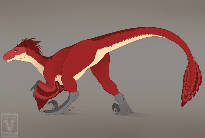 ambiguous_gender claws digital_media_(artwork) dinosaur feathered_dinosaur feathered_wings feathers feral fur grey_background hair minerea pinkdragonlove raptor red_feathers red_fur red_hair simple_background smile solo teeth theropod winged_arms wings