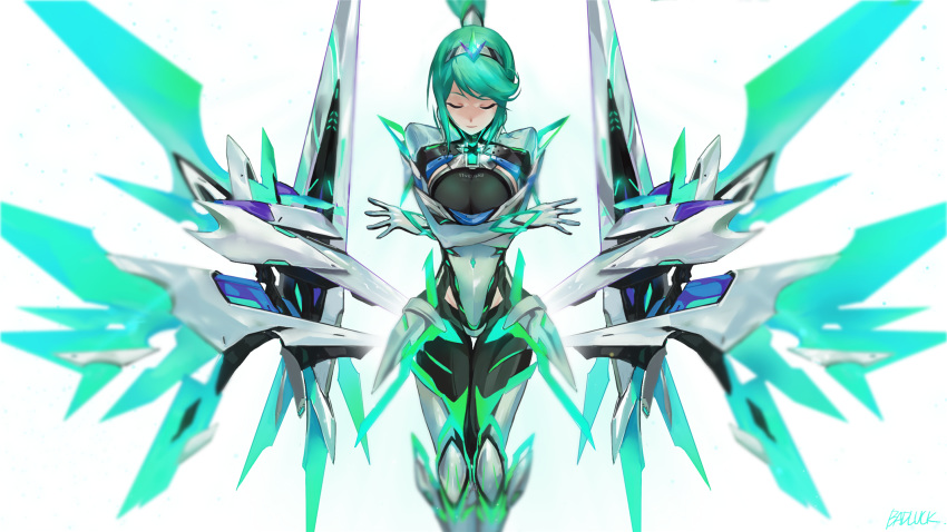 armor badluck bangs bodystocking breasts cleavage closed_eyes commentary covered_navel crossed_arms elbow_gloves gloves green_hair highres large_breasts long_hair pneuma_(xenoblade_2) ponytail shoulder_armor sidelocks smile solo spoilers swept_bangs xenoblade_(series) xenoblade_2