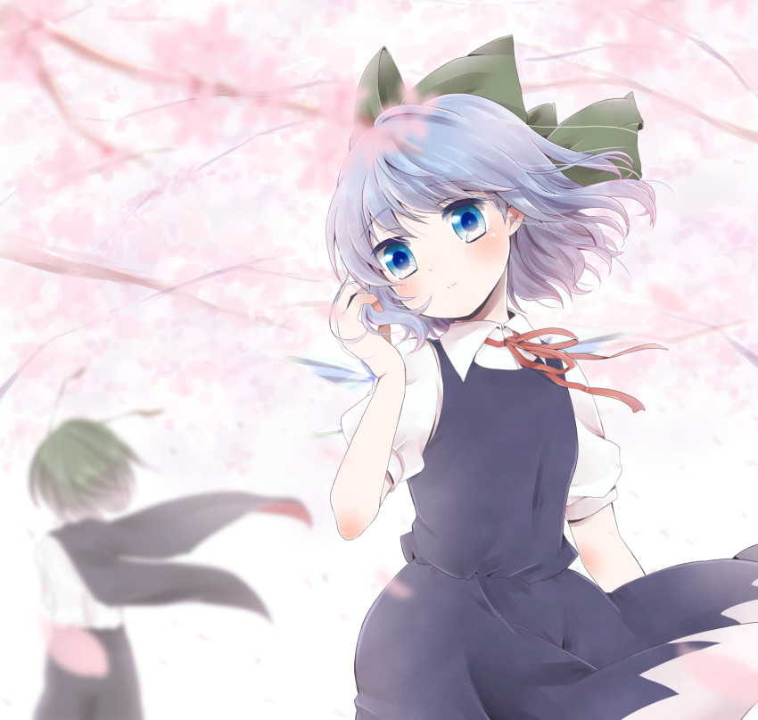 antennae blue_eyes blue_hair blurry blush bow cape cherry_blossoms cirno depth_of_field dress_shirt hair_bow highres kuromame_(8gou) multiple_girls ribbon shirt short_hair skirt skirt_set touhou wriggle_nightbug