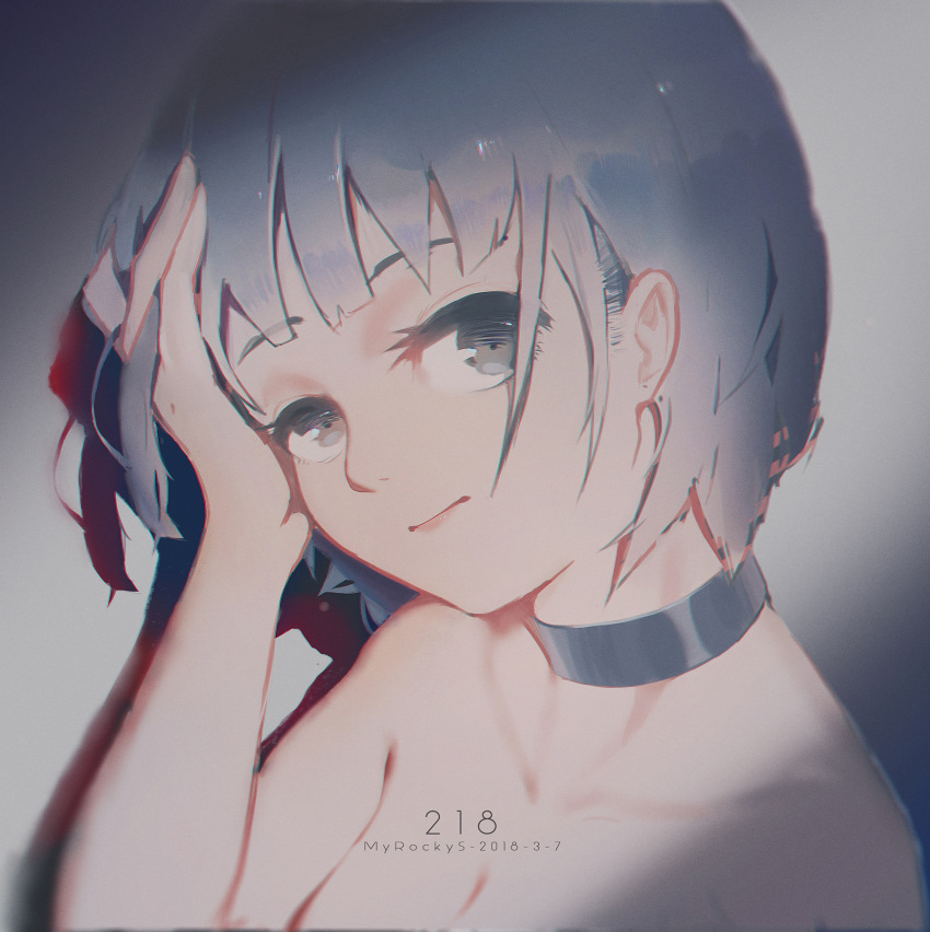 artist_name bangs bare_shoulders blue_hair breasts choker chromatic_aberration cleavage close-up dated grey_eyes hand_on_head highres looking_at_viewer original portrait shadow short_hair solo wudi_sao_nian