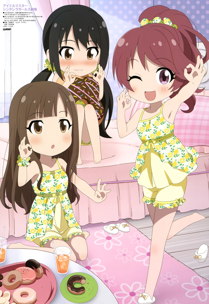 :3 absurdres animedia bare_legs barefoot bed_sheet bitten black_hair blush body_blush brown_eyes brown_hair carpet cinderella_girls_gekijou curtains doughnut doughnut_pillow eyebrows_visible_through_hair floral_print food frilled_pillow frilled_shorts frills hair_ornament hair_scrunchie highres idolmaster idolmaster_cinderella_girls indoors leaf_print lemon_print light_brown_hair looking_at_another looking_at_viewer low_twintails magazine_scan mellow_yellow mizumoto_yukari multiple_girls nakano_yuka official_art on_bed open_mouth orange_juice pillow pink_carpet pink_frills pink_pillow plaid_pillow ponytail print_carpet print_scrunchie purple_eyes running scan scrunchie shiina_noriko shirt shoe_loss shorts sitting slippers smile takatsu_tomoko twintails wariza white_curtains white_footwear wooden_floor wrist_scrunchie yellow_scrunchie yellow_shirt yellow_shorts