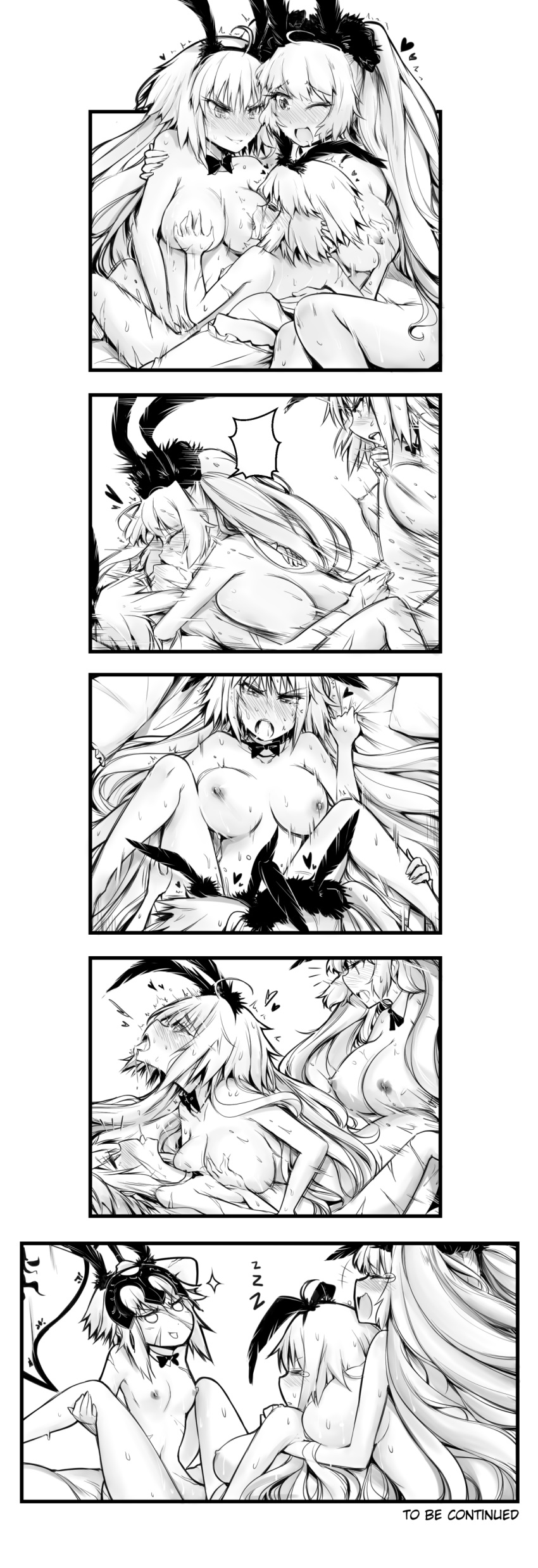 absurdres animal_ears anne_bonny_(fate/grand_order) anne_bonny_(swimsuit_archer)_(fate) blush breast_grab breast_sucking breasts bunny_ears choker comic cunnilingus fake_animal_ears fate/grand_order fate_(series) flag grabbing greyscale group_sex headpiece heart highres jeanne_d'arc_(alter)_(fate) jeanne_d'arc_(fate)_(all) kiss large_breasts mary_read_(fate/grand_order) monochrome multiple_girls nude one_eye_closed oral pose scar silent_comic sleeping small_breasts sparkle sweat tearing_up threesome to_be_continued yuri yuriwhale zzz