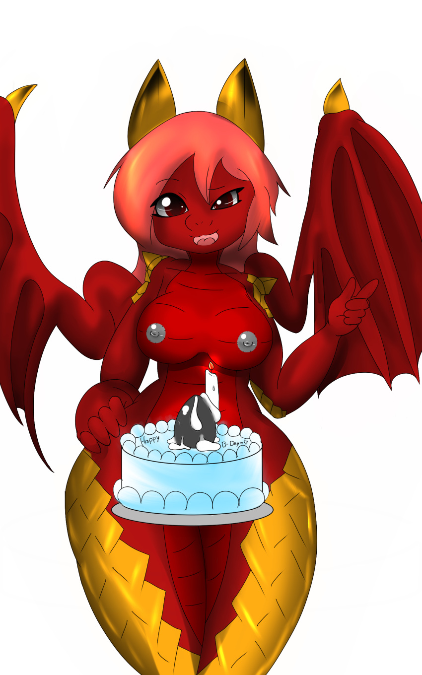 animal_genitalia animal_penis breasts cake candle cum dickgirl digital_media_(artwork) dragon erection food hair henkeiusagi horn intersex looking_at_viewer nipples nude open_mouth penis red_scales scales scalie simple_background smile smirk solo text wings