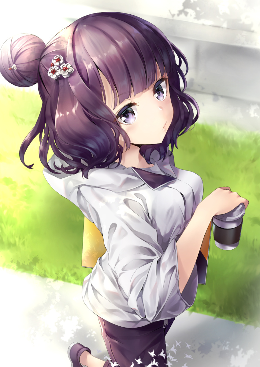 alternate_costume alternate_hairstyle animal_print bird_print black_hair black_pants casual closed_mouth coffee_cup contemporary cropped_legs cup disposable_cup fate/grand_order fate_(series) flower from_above grass hair_bun hair_flower hair_ornament hairpin hane_yuki highres holding holding_cup hood hoodie katsushika_hokusai_(fate/grand_order) long_sleeves looking_at_viewer pants purple_eyes purple_hair short_hair sketchpad solo walking white_hoodie