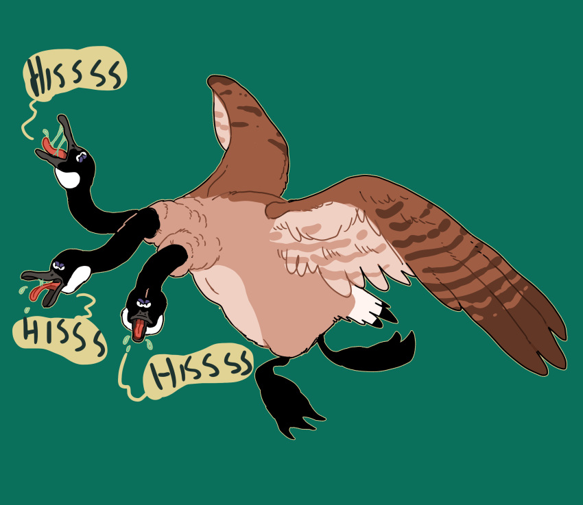2017 3_heads 3_toes absurd_res ambiguous_gender angry avian beak biped bird black_beak black_feathers black_tail brown_feathers canada_goose digital_drawing_(artwork) digital_media_(artwork) dipstick_tail drooling english_text feathered_wings feathers feral frown full-length_portrait gogarty goose green_background half-closed_eyes hi_res hissing jumping long_neck multi_head multicolored_feathers multicolored_tail neck_tuft onomatopoeia open_beak open_frown open_mouth outline portrait red_tongue saliva saliva_string short_tail side_view simple_background solo sound_effects speech_bubble spread_wings suspended_in_midair tail_feathers text toes toony tuft two_tone_tail webbed_feet white_feathers white_tail winged_arms wings