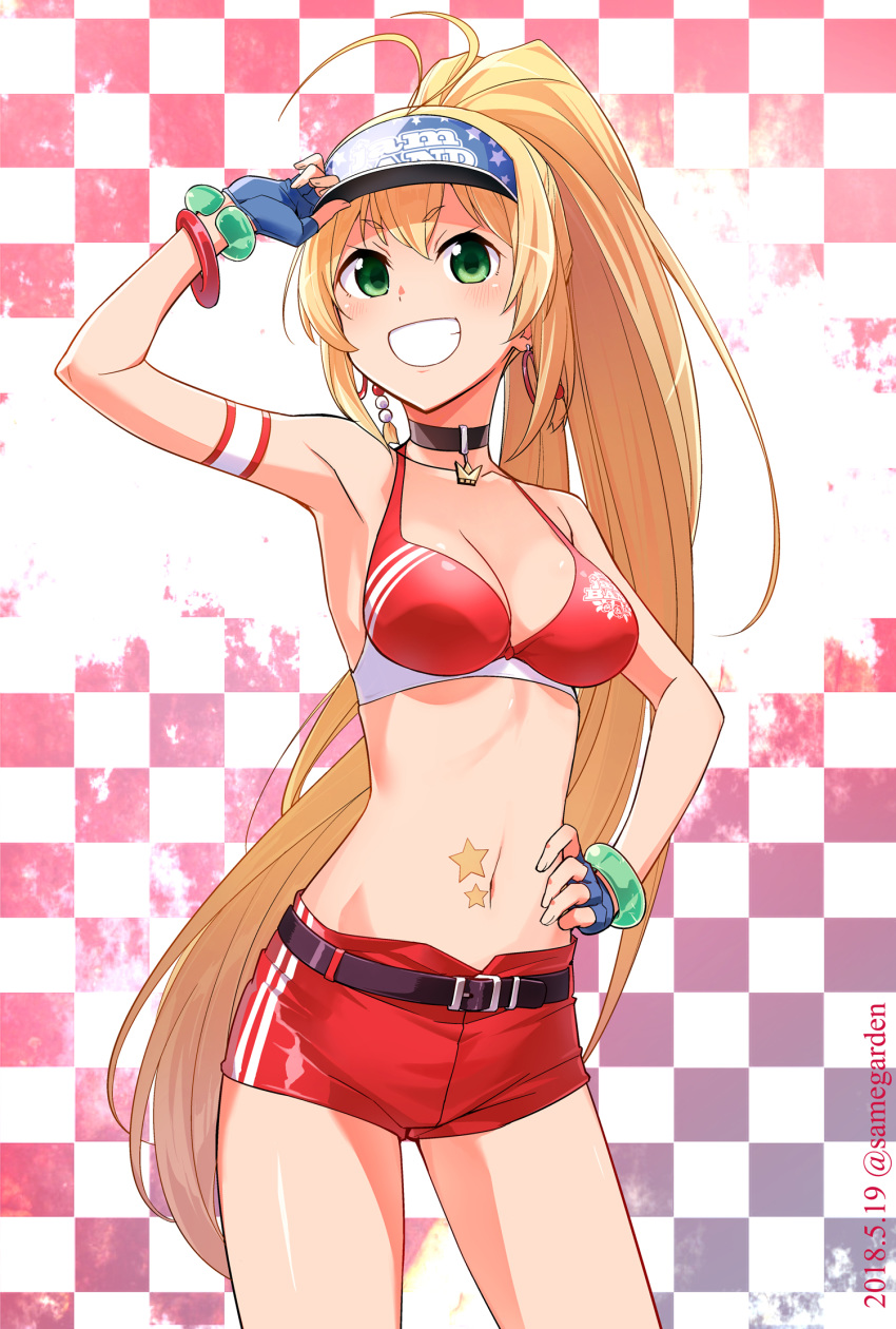 :d antenna_hair arm_strap armpits bangs belt blonde_hair blue_gloves bracelet breasts checkered checkered_background choker cleavage collarbone cowboy_shot earrings eyebrows_visible_through_hair fingerless_gloves gloves green_eyes grin hair_between_eyes hand_on_hip high_ponytail highres jewelry jii_(seiga7099526) long_hair medium_breasts midriff navel open_mouth race_queen red_bikini_top red_shorts shiny shiny_clothes shiny_skin short_shorts shorts smile solo star stomach tsurumaki_maki very_long_hair voiceroid