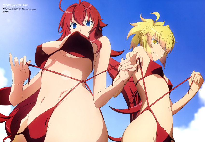 ahoge animedia bikini blonde_hair blue_eyes breasts cloud covered_nipples day high_school_dxd high_school_dxd_hero highres kunou_(high_school_dxd) long_hair looking_at_viewer navel nekokai_mitsu official_art red_hair rias_gremory sky summer swimsuit underboob yellow_eyes