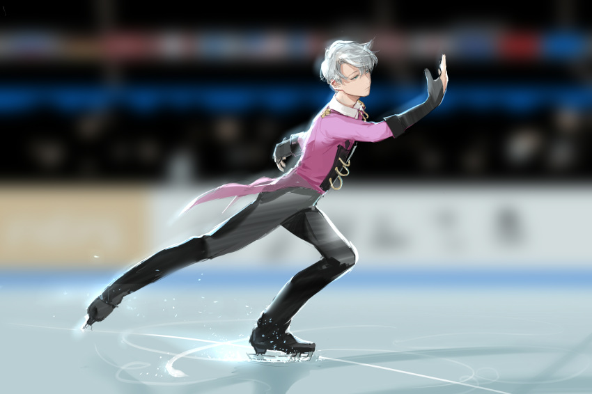 aqua_eyes bangs black_gloves black_pants blazer blurry blurry_background chinese_commentary closed_mouth coattails commentary_request elbow_gloves expressionless figure_skating full_body gloves hair_over_one_eye half-closed_eyes hand_up highres ice_skates ice_skating indoors jacket long_sleeves male_focus pants partly_fingerless_gloves pink_jacket rrr_(reason) skates skating skating_rink solo swept_bangs viktor_nikiforov wavy_hair white_hair wing_collar yuri!!!_on_ice