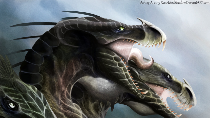 ashesdrawn day digital_media_(artwork) dragon feral green_eyes group invalid_color open_mouth outside sky spines teeth tongue