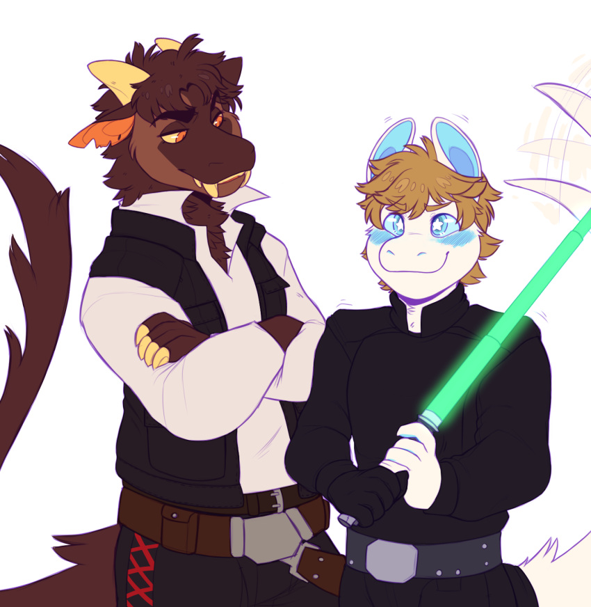 anthro blue_eyes blush brown_fur clothing cosplay crossed_arms duo fangs fish fur hair han_solo happy horn invalid_tag jeanx khan_(jeanx) kobold lightsaber lucky_(jeanx) luke_skywalker male marine orange_eyes shark short_hair simple_background star_wars tailwag white_fur