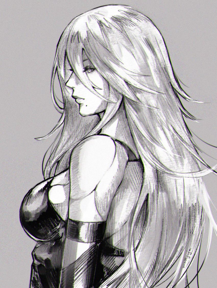 android armlet breasts commentary elbow_gloves from_side gloves greyscale hair_between_eyes highres long_hair medium_breasts mole mole_under_mouth monochrome nier_(series) nier_automata nvalkyrja profile robot_joints sideboob sketch tank_top yorha_type_a_no._2