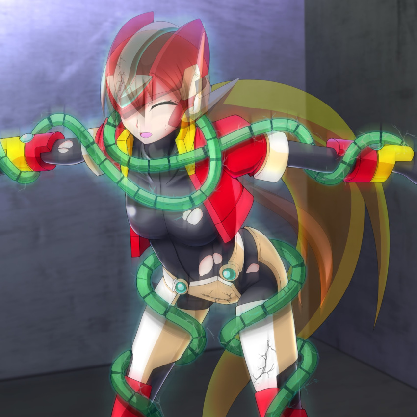 1girl aile armor blonde_hair cable colored eyes_closed helmet restrained rockman rockman_zx rockman_zx_advent torn_clothes