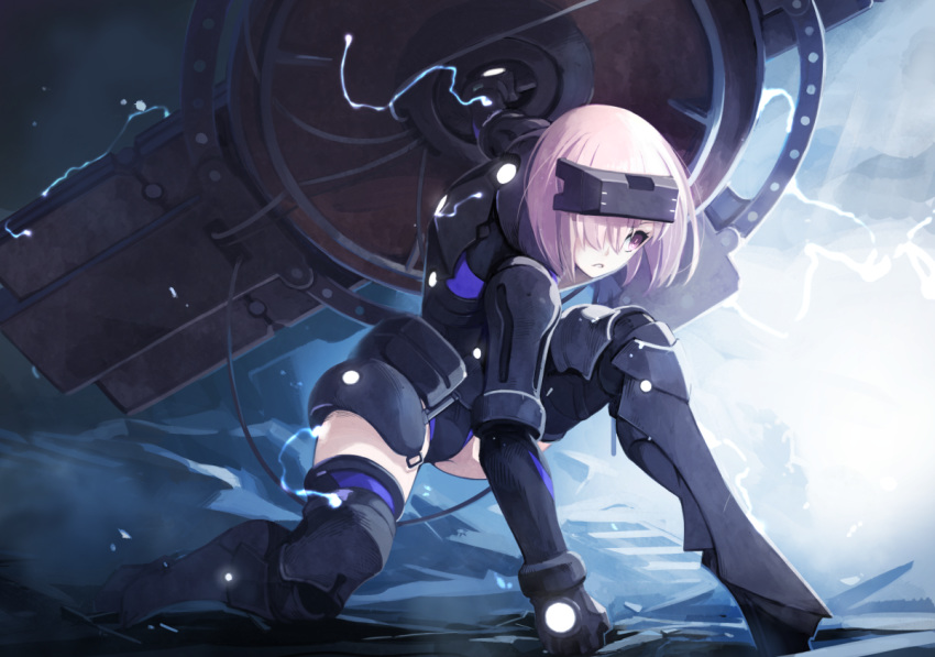 arm_support armored_leotard bangs black_armor black_legwear black_leotard covered_eyes electricity fate/grand_order fate_(series) hair_over_one_eye holding holding_shield leotard looking_away mash_kyrielight md5_mismatch one_knee ortenaus parted_lips pink_hair shield short_hair solo superhero_landing thighhighs vr_visor yunar