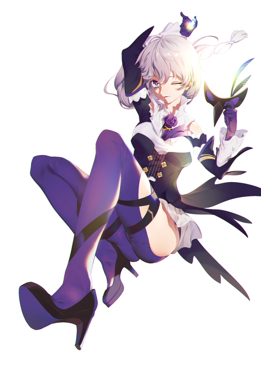 ass bangs bare_shoulders benghuai_xueyuan black_footwear blue_eyes braid breasts commentary_request dress dubian_xiang eyebrows_visible_through_hair full_body gloves hair_between_eyes high_heels highres holding holding_mask honkai_impact kallen_kaslana large_breasts long_hair long_sleeves looking_at_viewer mask mask_removed one_eye_closed purple_gloves purple_legwear shoulder_cutout silver_hair simple_background single_braid sixth_serenade solo tied_hair white_background