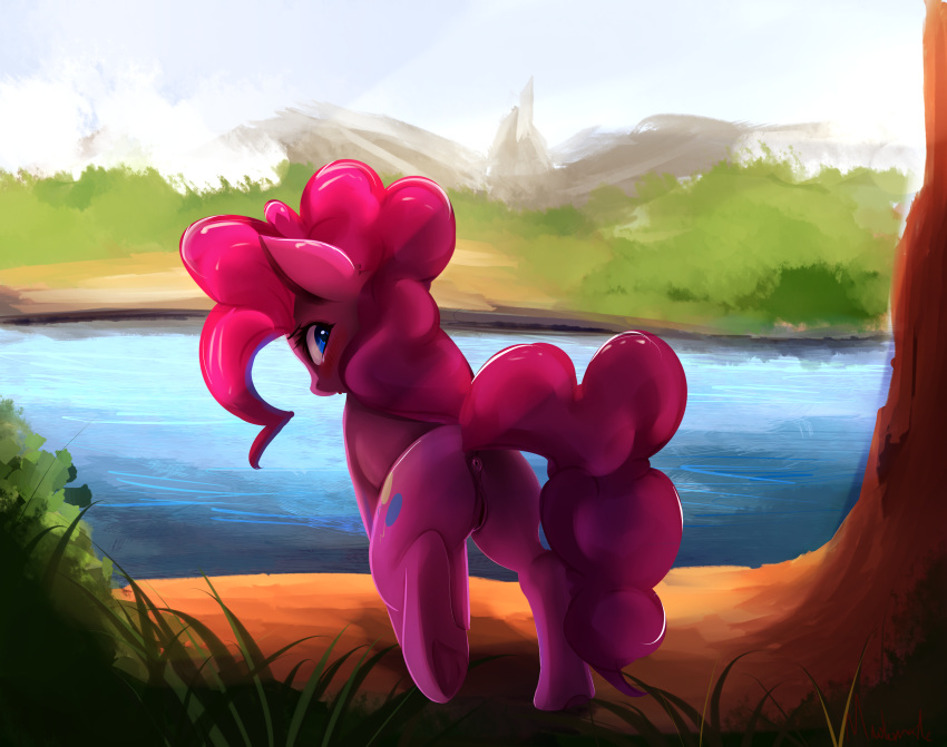 2018 absurd_res anus butt cutie_mark earth_pony equine female feral friendship_is_magic hair hi_res horse mammal miokomata my_little_pony outside pinkie_pie_(mlp) pony pussy solo underhoof water