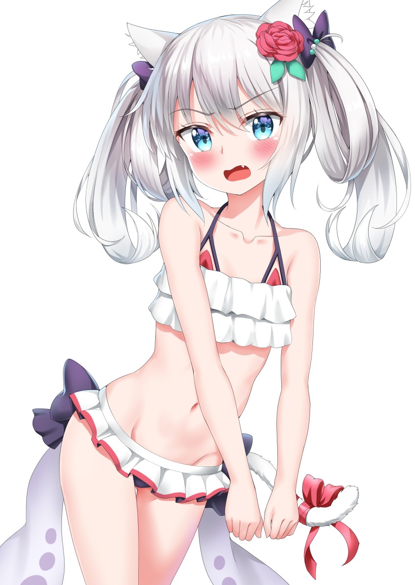 absurdres animal_ears azur_lane bare_arms bare_shoulders bikini black_bow blue_eyes blush bow cat_ears cat_tail cowboy_shot embarrassed eyebrows_visible_through_hair fang flower folded_hair frilled_bikini frills grey_hair hair_bow hair_flower hair_ornament hammann_(azur_lane) highres navel nedia_(nedia_region) open_mouth purple_bow red_bikini red_bow red_flower red_ribbon red_rose ribbon rose simple_background solo swimsuit tail twintails white_background
