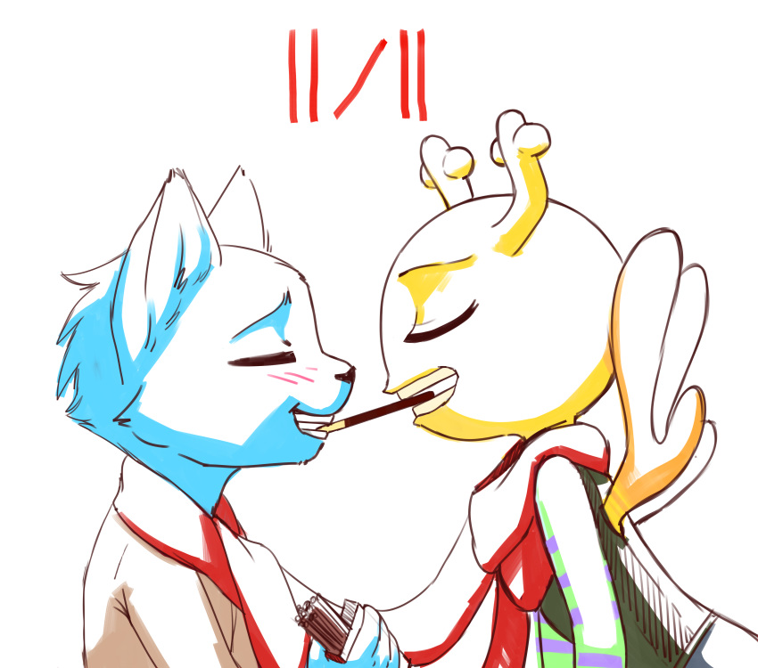 2015 absurd_res andromeda_(artist) anthro blue_fur blush boyfriend cartoon_network cat clothed clothing colored_sketch duo eyes_closed feline female food fur girlfriend gumball_watterson hi_res horn male male/female mammal penny_fitzgerald pocky pocky_day romantic romantic_couple simple_background the_amazing_world_of_gumball white_background