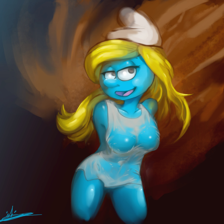 2018 breasts clothing digital_media_(artwork) female half-closed_eyes hannah-barbera hat humanoid invalid_tag kansyr not_furry shirt smile smurf smurfette solo the_smurfs thick_thighs voluptuous wet_shirt wide_hips