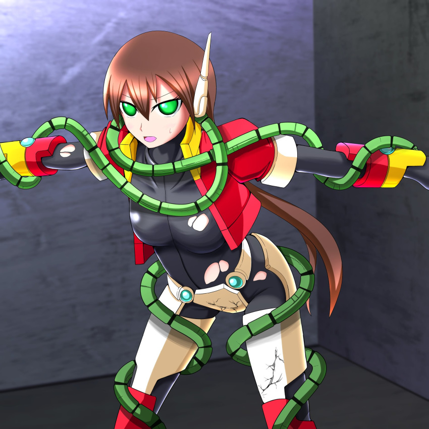 1girl aile armor brown_hair cable colored eyes_closed helmet restrained rockman rockman_zx rockman_zx_advent torn_clothes