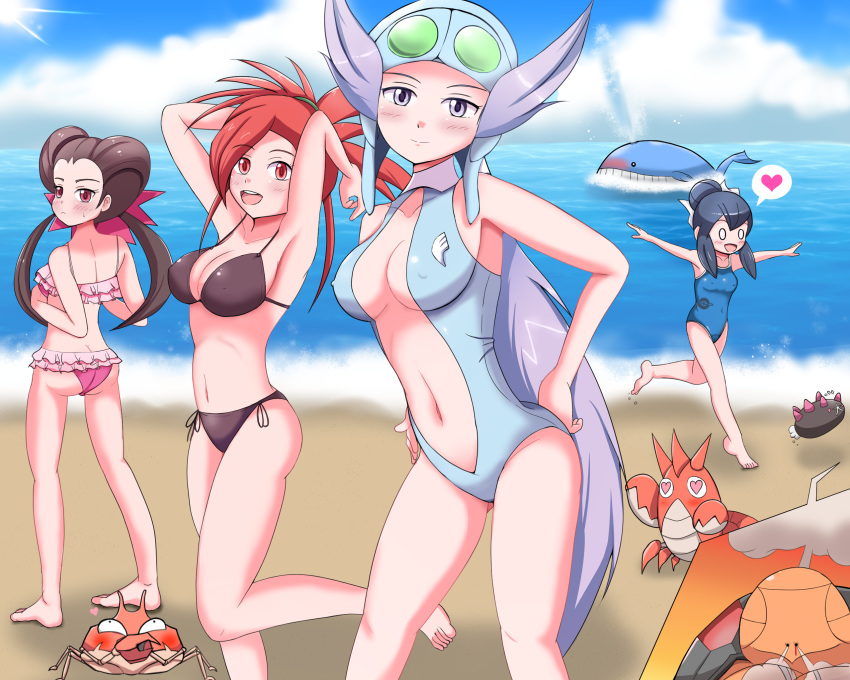 4girls ass asuna_(pokemon) beach bikini blush breasts gym_leader krabby looking_at_viewer multiple_girls nagi_(pokemon) ocean pervert pokemon pokemon_oras posing summer swimsuit tagme tsutsuji_(pokemon)