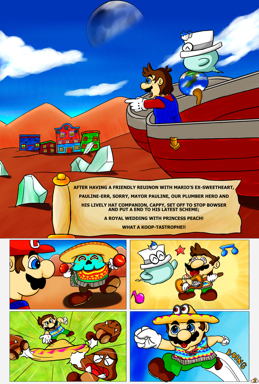 ? attack bonneter cappy_(mario) comic dancing desert dfkjr goomba human male mammal mario mario_bros moon nintendo sky super_mario_odyssey tostarenan video_games